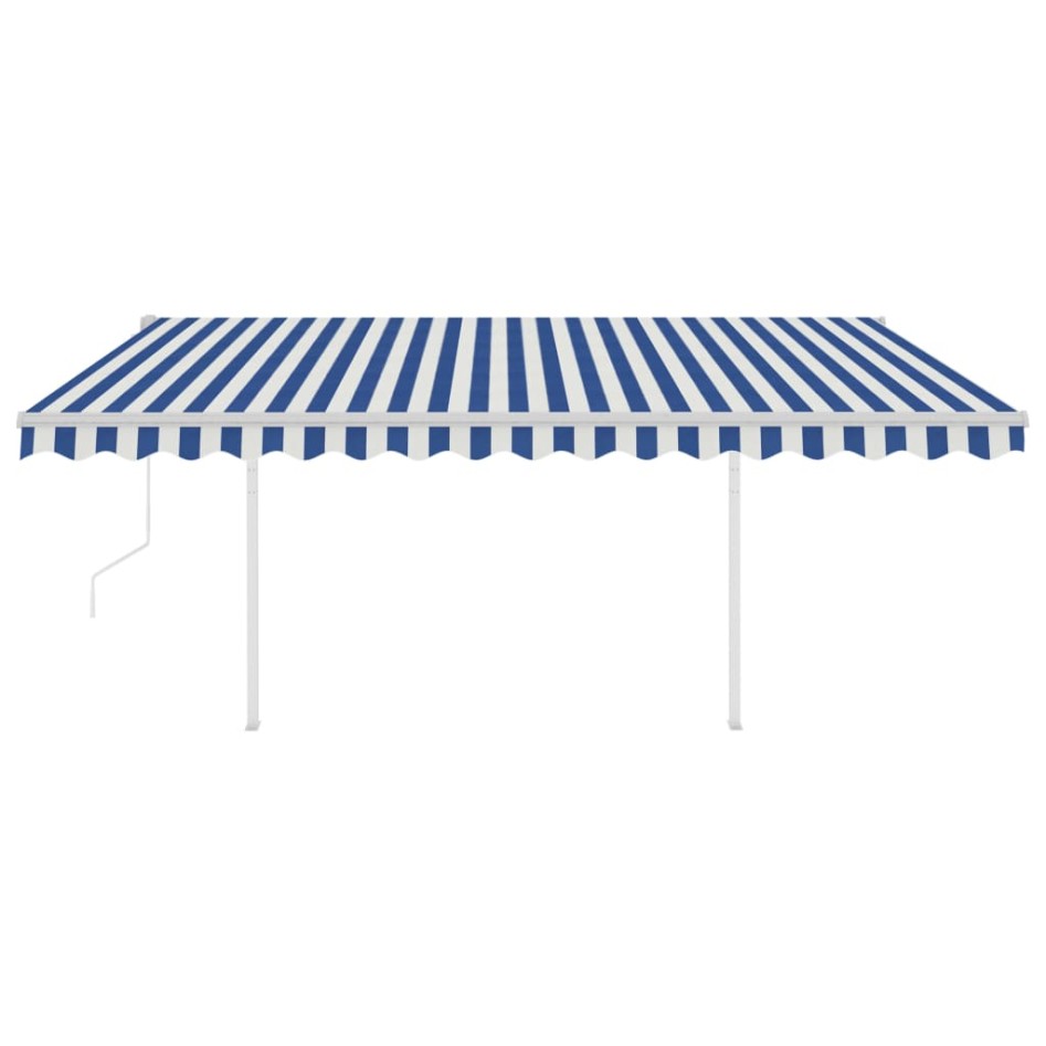Toldo retráctil automático con postes azul y blanco 4x3,5