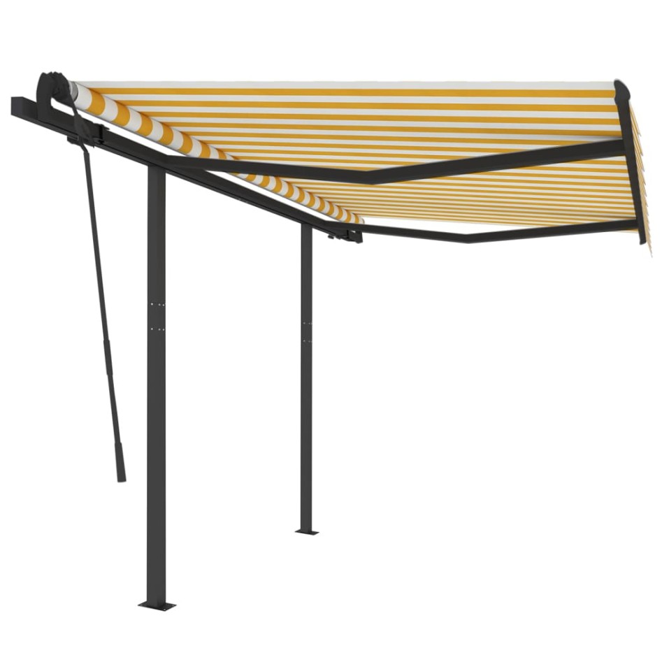 Toldo automático retráctil con postes amarillo blanco 3,5x2,5