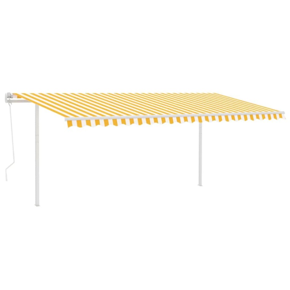 Toldo retráctil automático con postes amarillo y blanco 5x3