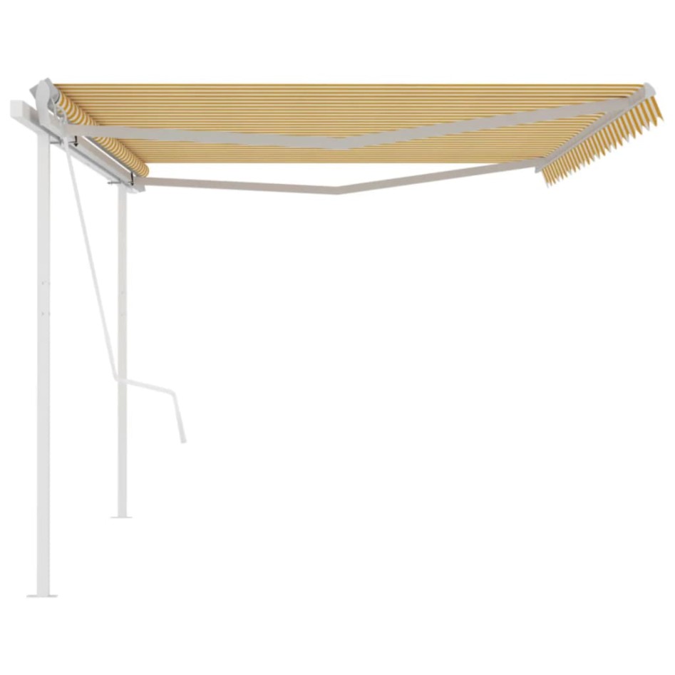 Toldo retráctil automático con postes amarillo y blanco 5x3