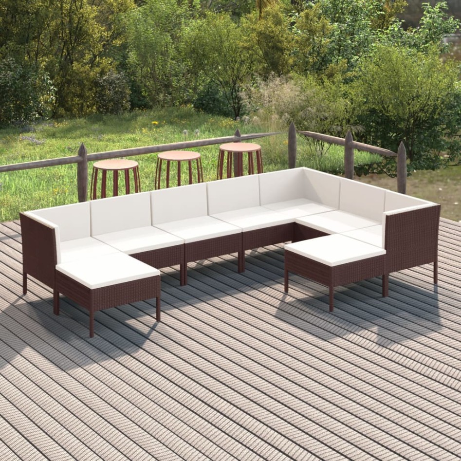 Set muebles de jardín 9 pzas y cojines ratán sintético