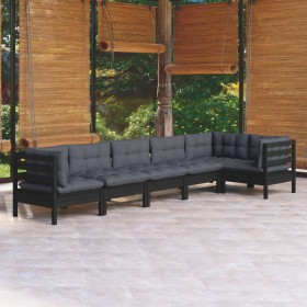 Muebles de jardín 6 pzas con cojines negro madera de