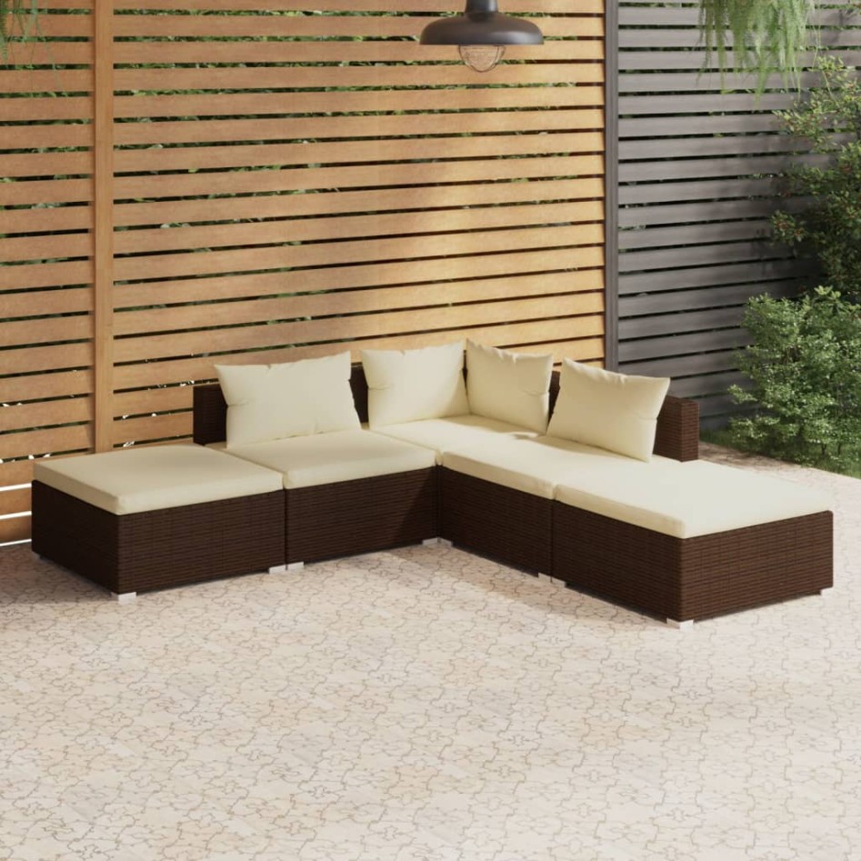 Set muebles de jardín 5 piezas y cojines ratán sintético