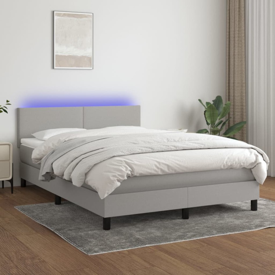 Cama box spring con colchón tela y LED gris claro 140x200