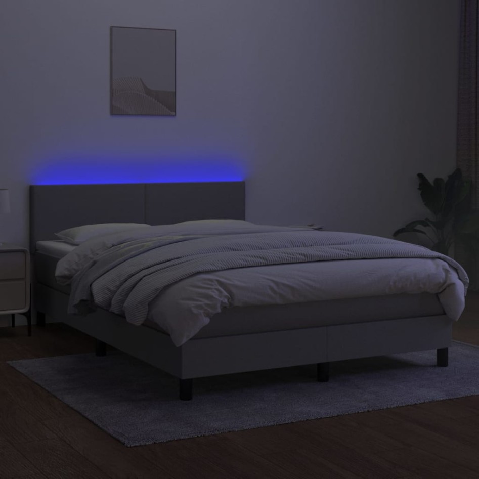 Cama box spring con colchón tela y LED gris claro 140x200