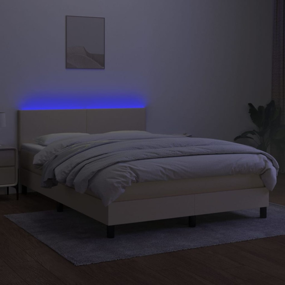Cama box spring con colchón y LED tela crema 140x200