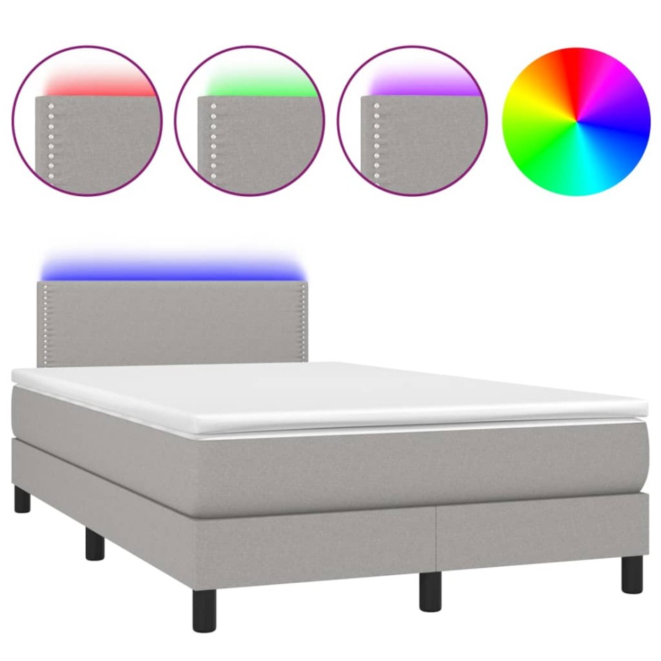 Cama box spring con colchón tela y LED gris claro 120x200
