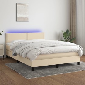 Cama box spring colchón y luces LED tela crema 140x200