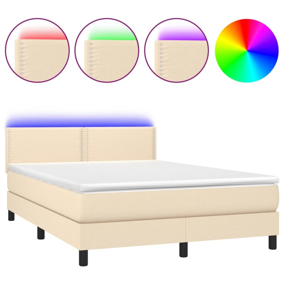 Cama box spring colchón y luces LED tela crema 140x200