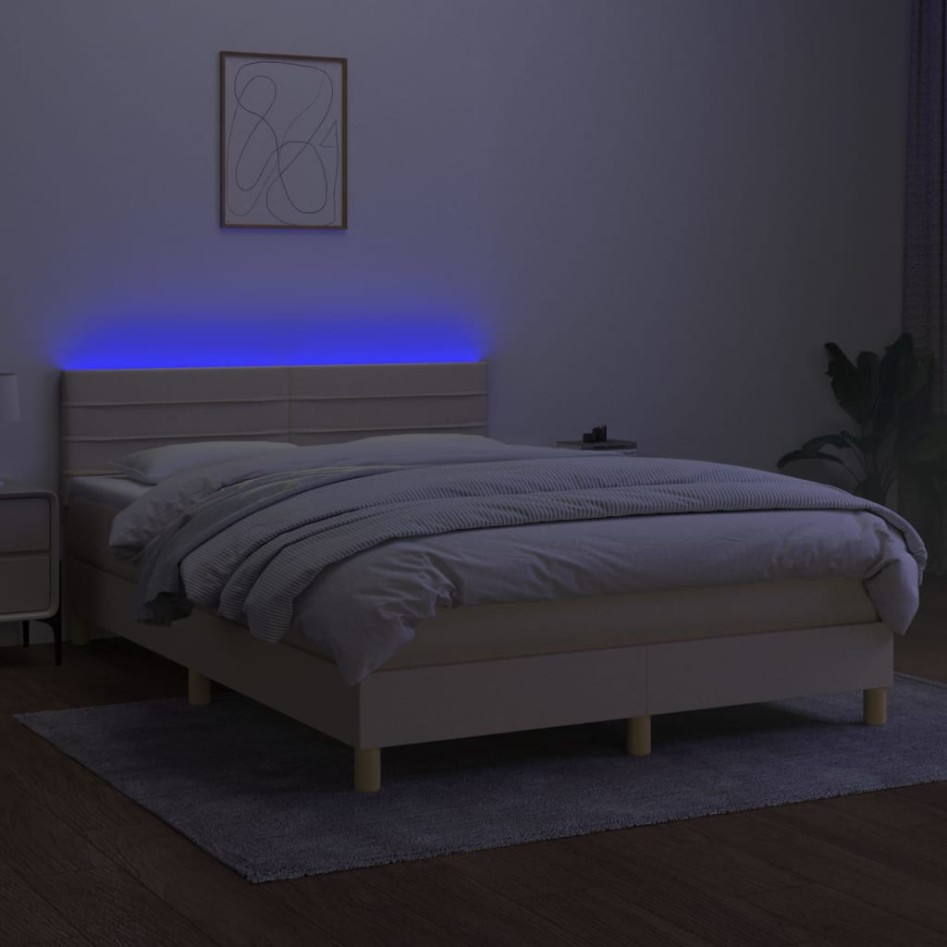 Cama box spring con colchón y LED tela crema 140x200