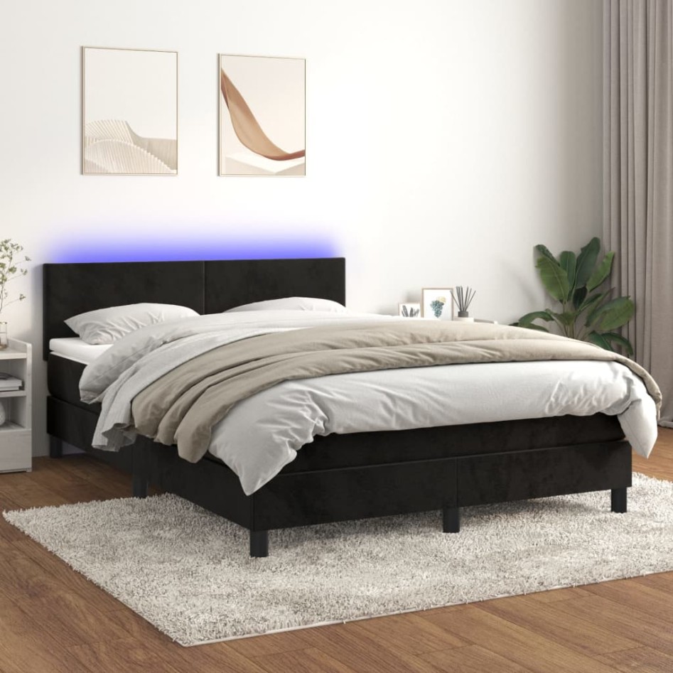 Cama box spring colchón y LED terciopelo negro 140x200