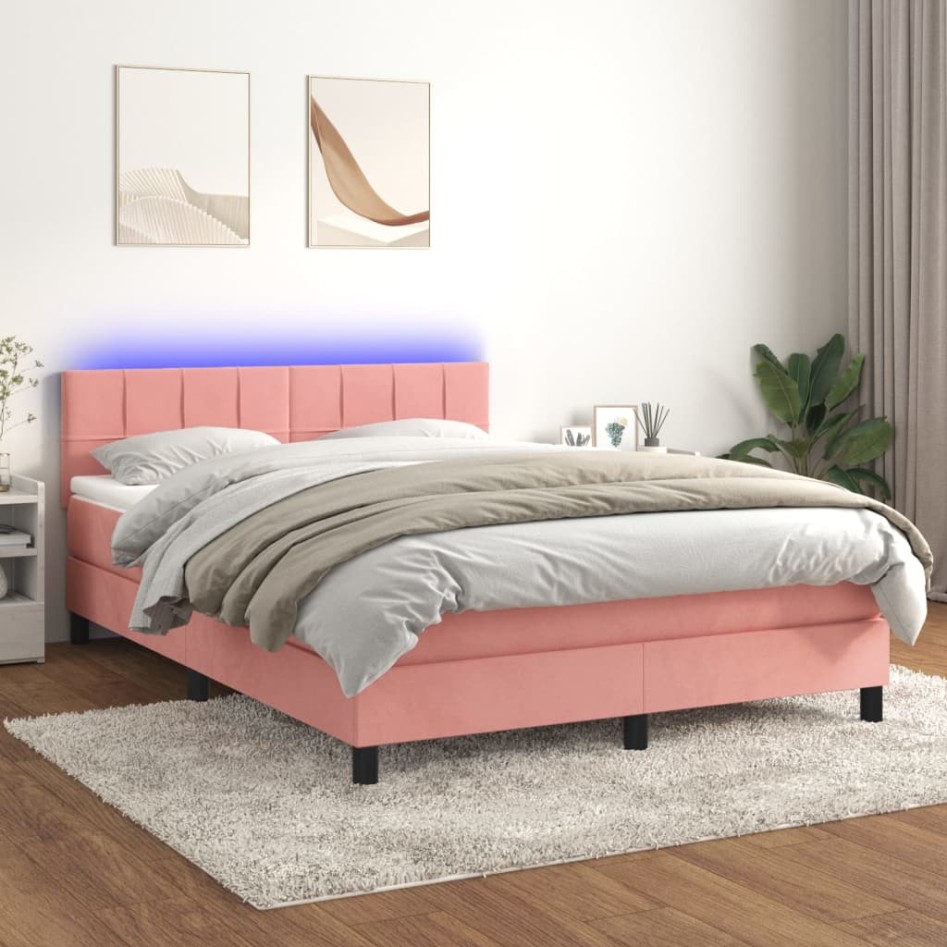 Cama box spring colchón y LED terciopelo rosa 140x190