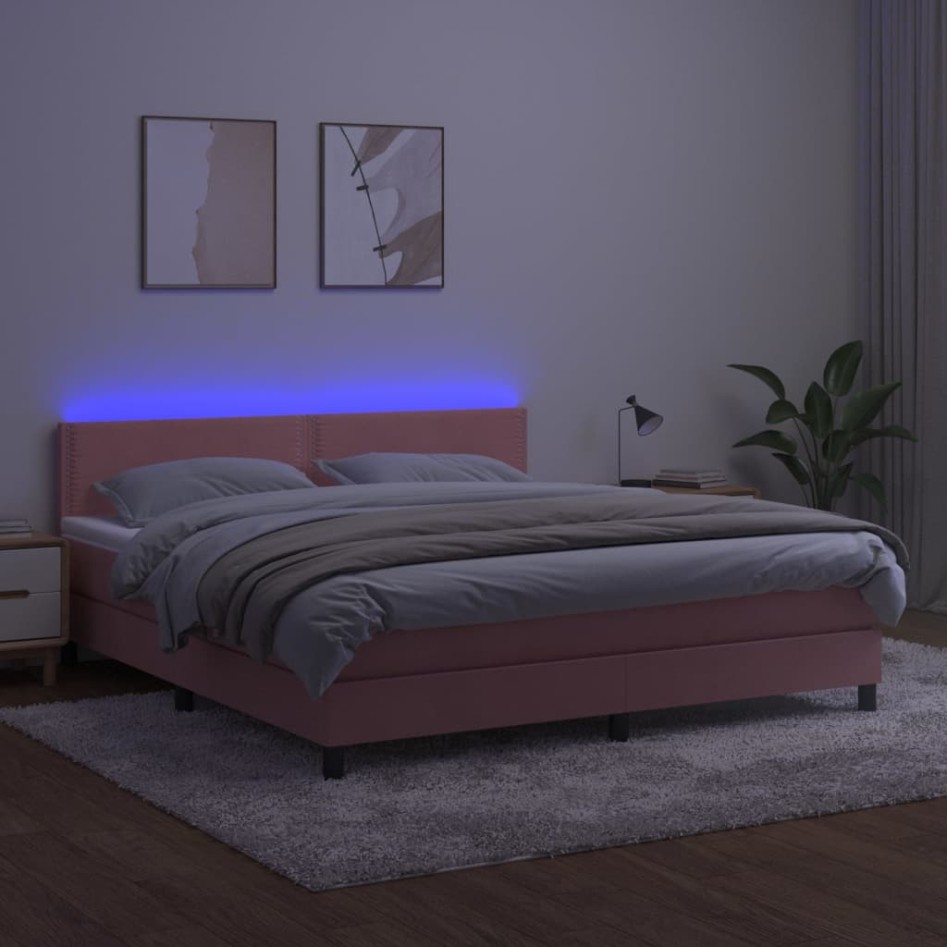 Cama box spring colchón y LED terciopelo rosa 160x200
