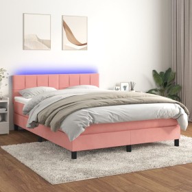 Cama box spring colchón y LED terciopelo rosa 140x200