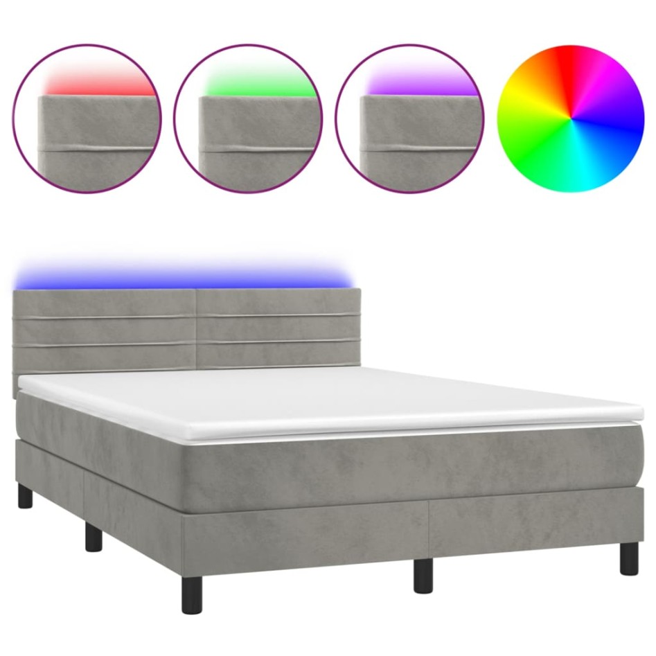 Cama box spring colchón y LED terciopelo gris claro 140x190