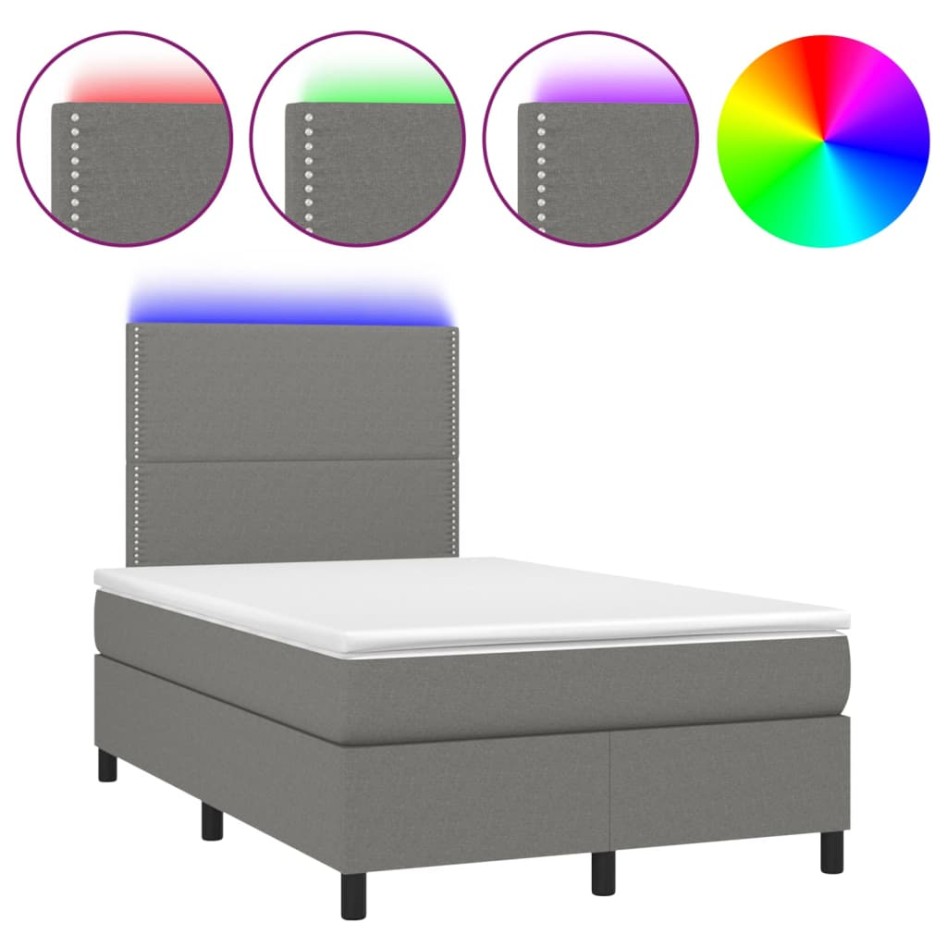 Cama box spring con colchón y LED tela gris oscuro 120x200