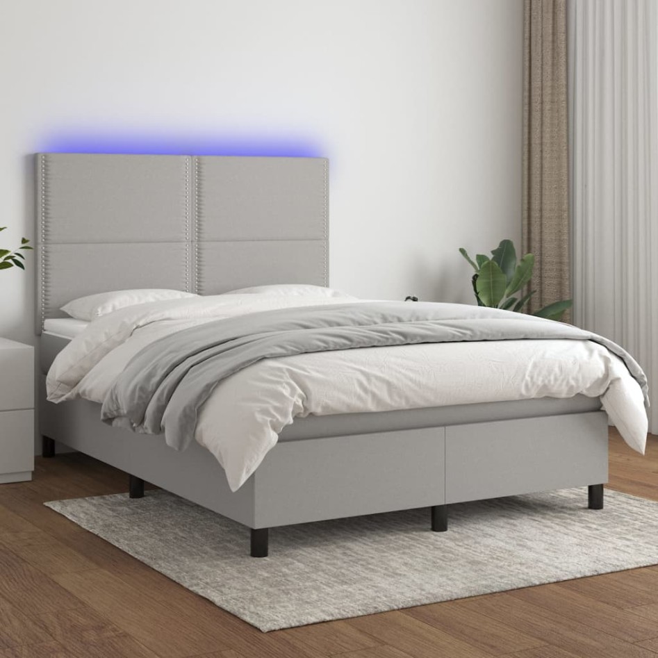 Cama box spring colchón y luces LED tela gris claro 140x190