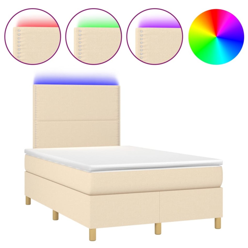 Cama box spring con colchón y LED tela crema 120x200