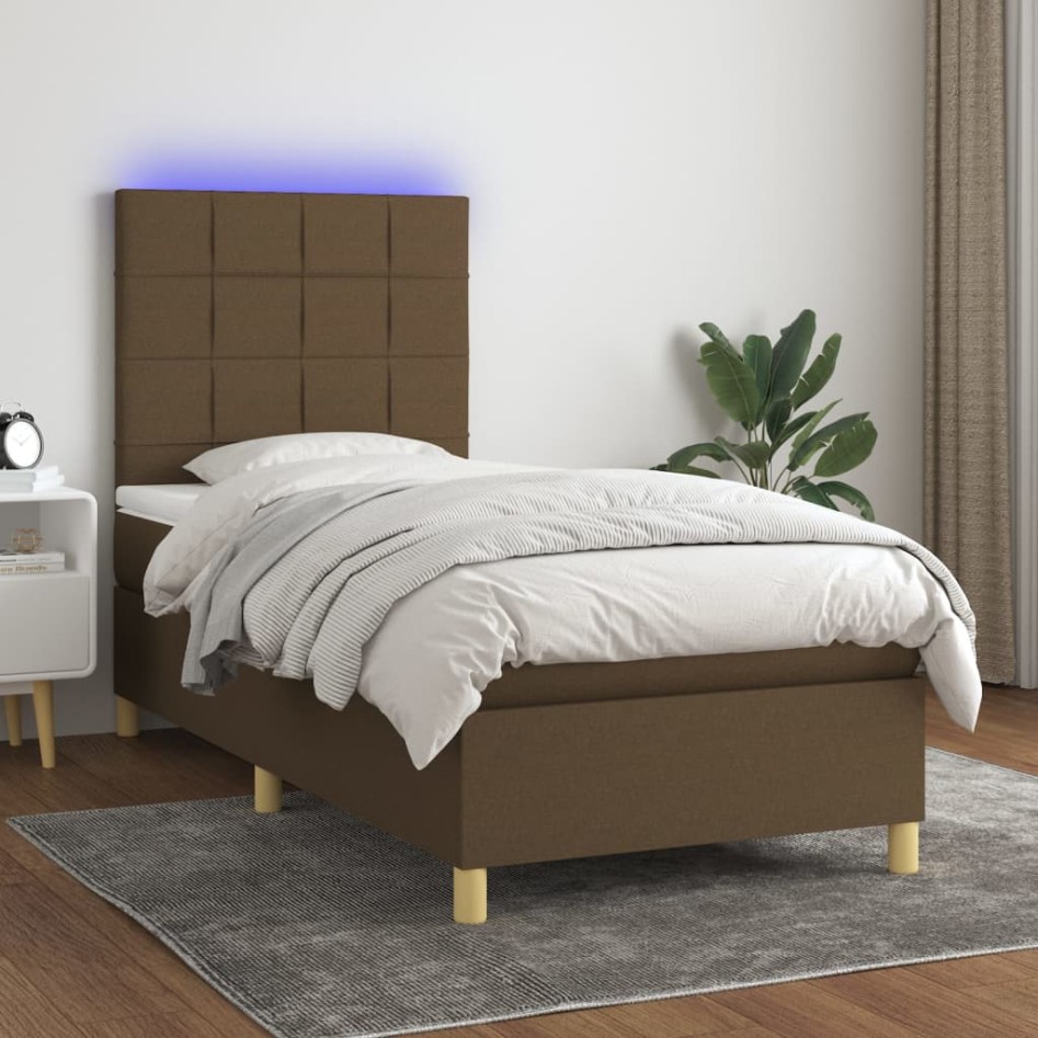 Cama box spring colchón luces LED tela marrón oscuro