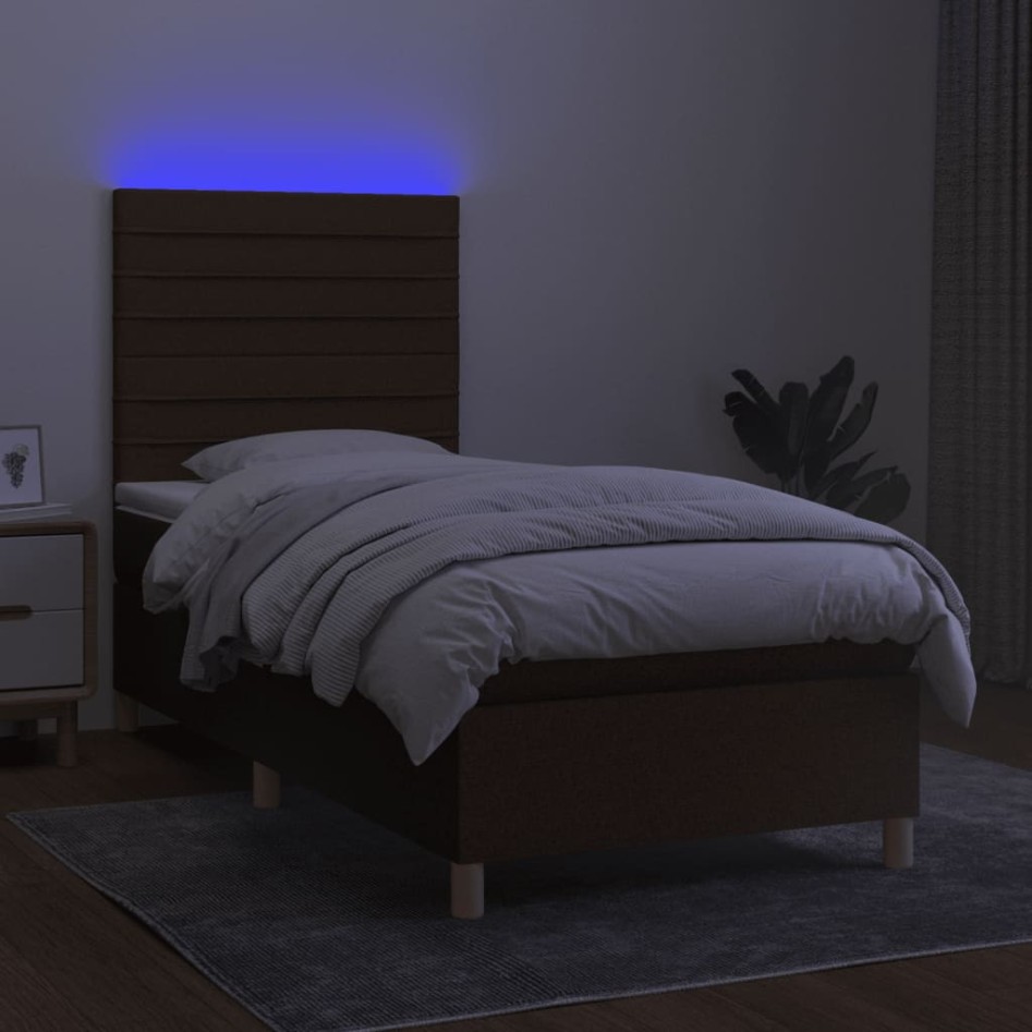 Cama box spring colchón luces LED tela marrón oscuro