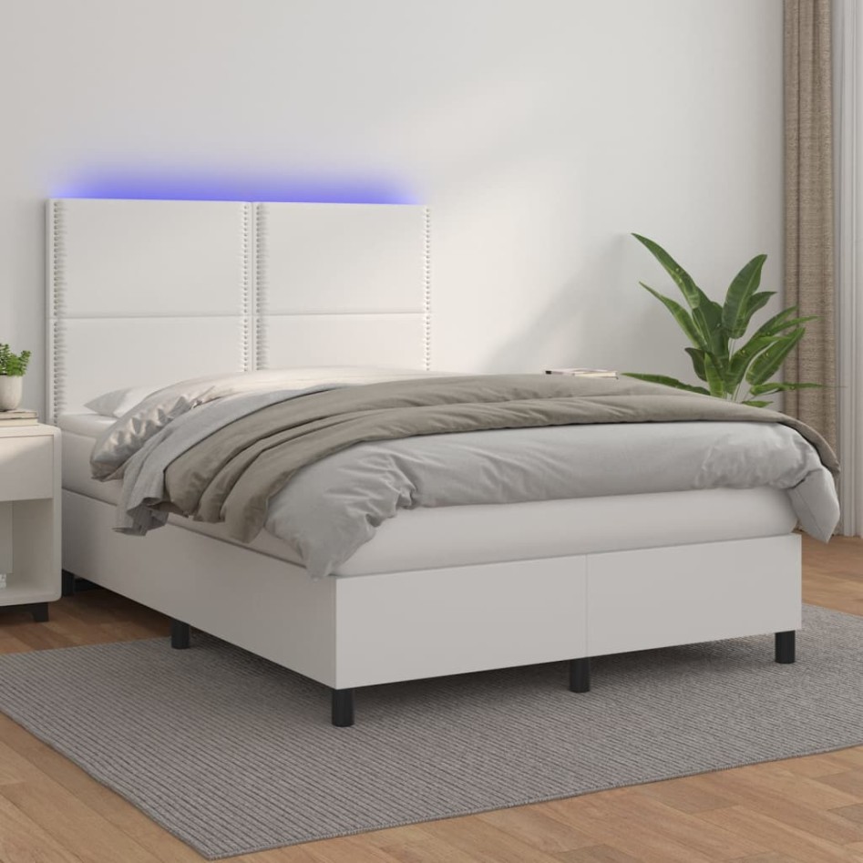 Cama box spring colchón y LED cuero sintético blanco 140x190