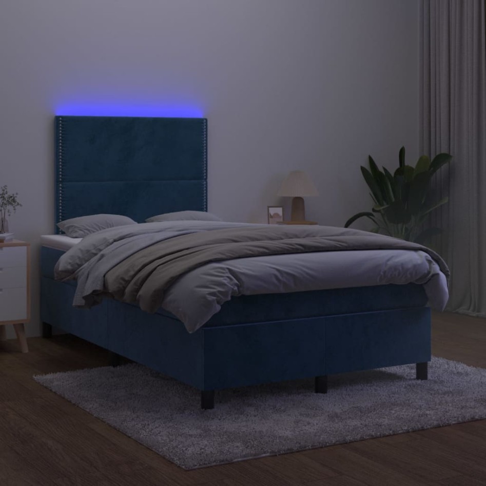 Cama box spring colchón y LED terciopelo azul oscuro 120x200