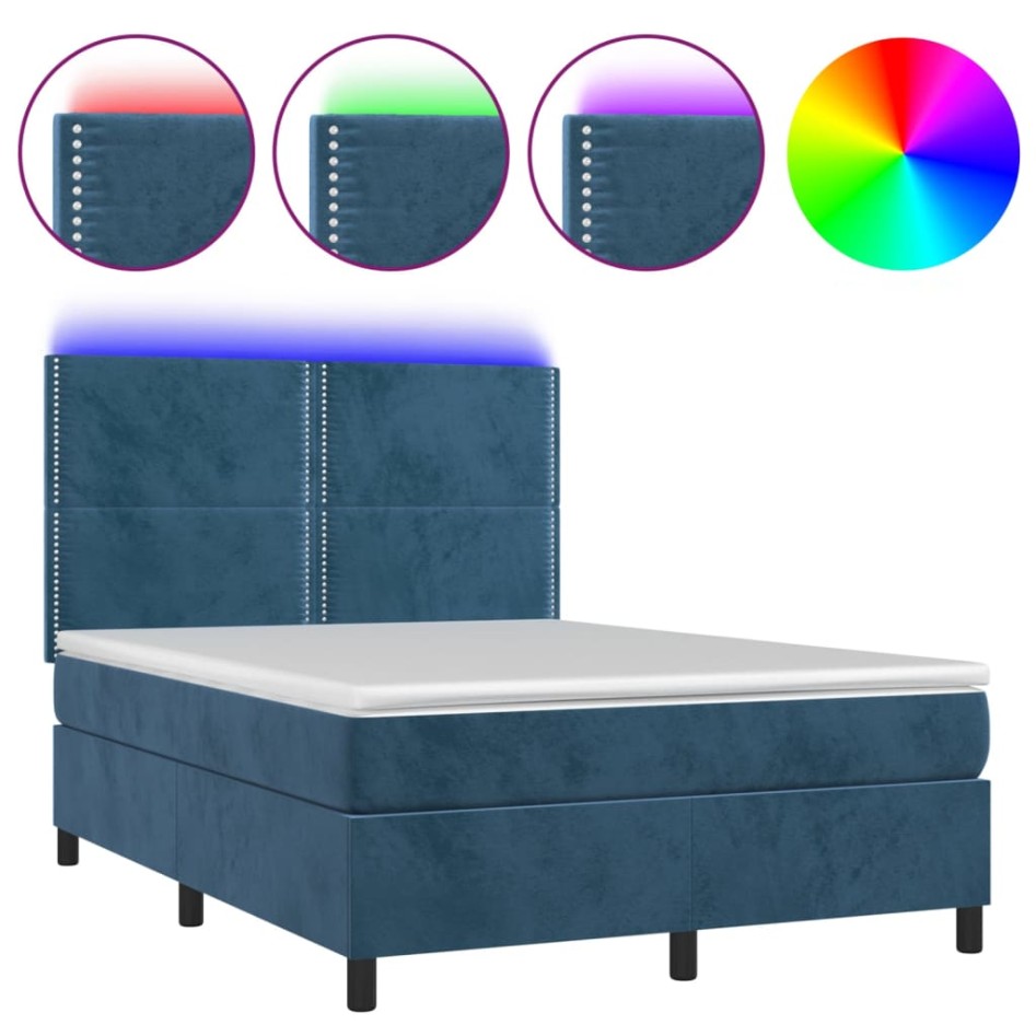 Cama box spring colchón y LED terciopelo azul oscuro 140x200
