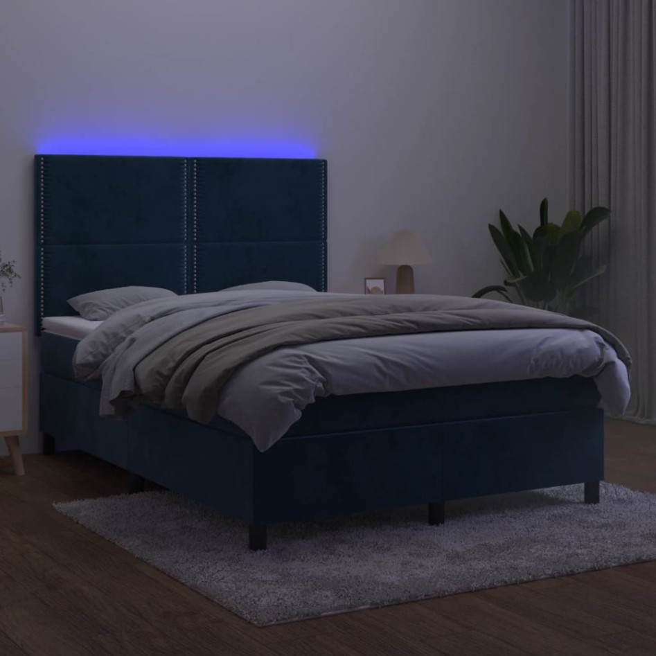 Cama box spring colchón y LED terciopelo azul oscuro 140x200