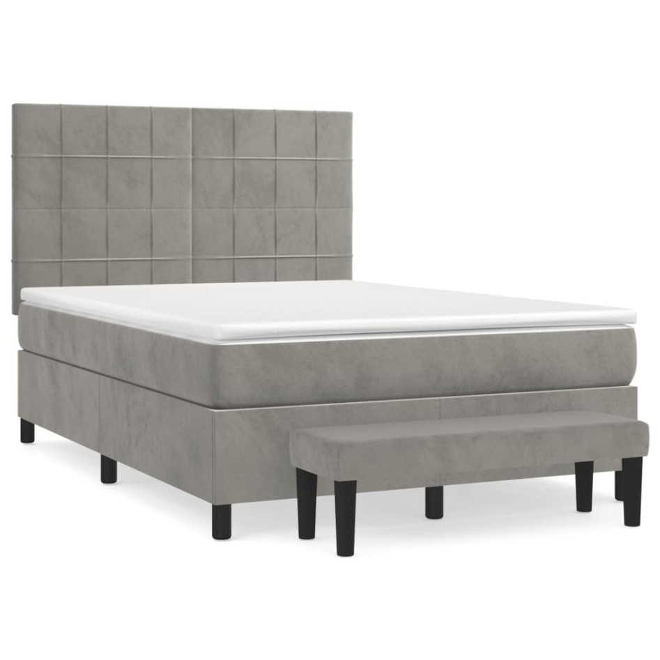 Cama box spring con colchón terciopelo gris claro 140x190