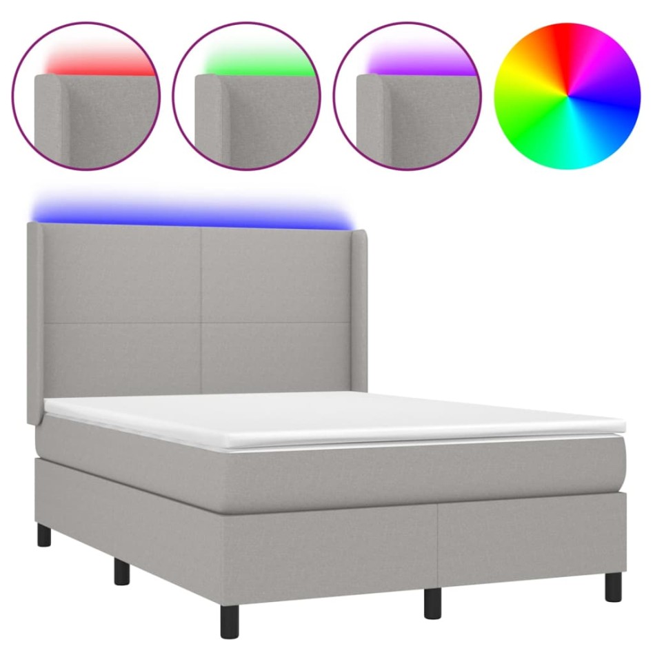 Cama box spring colchón y luces LED tela gris claro 140x200