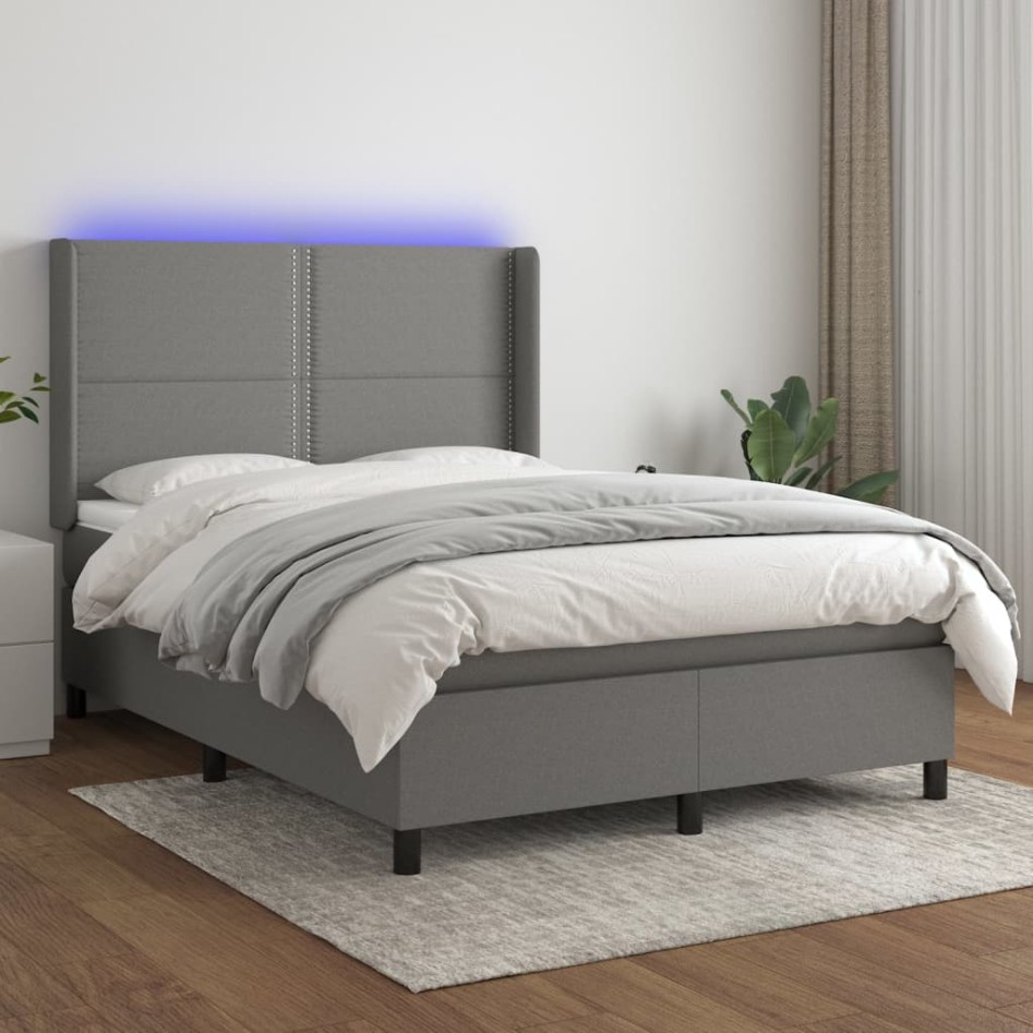 Cama box spring colchón y luces LED tela gris oscuro 140x190