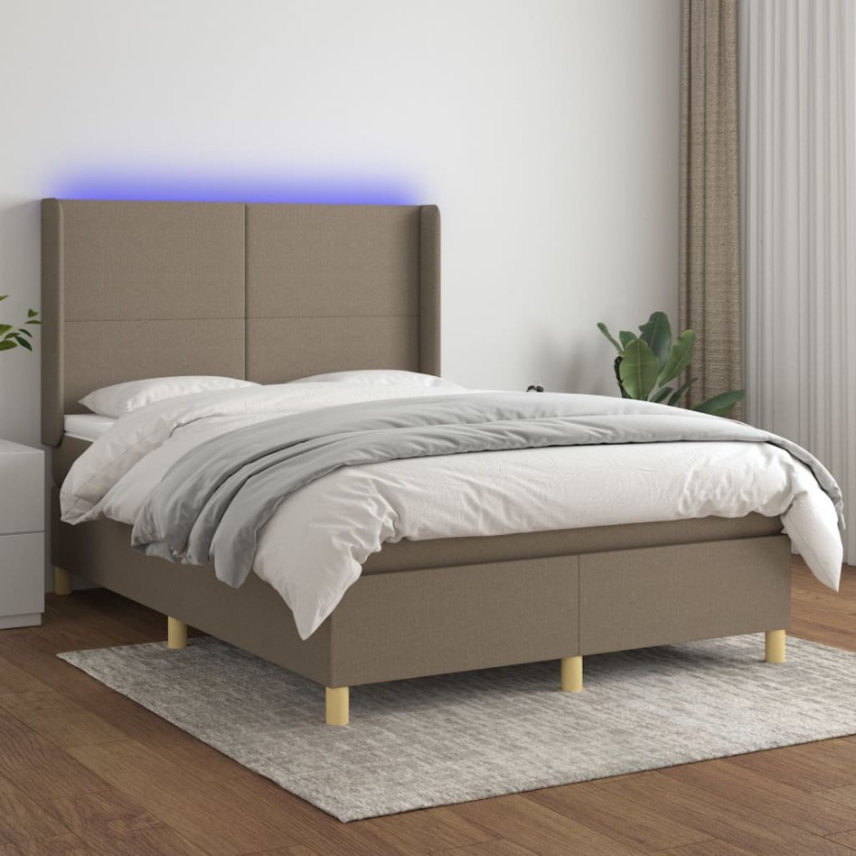 Cama box spring colchón y luces LED tela gris taupe 140x200
