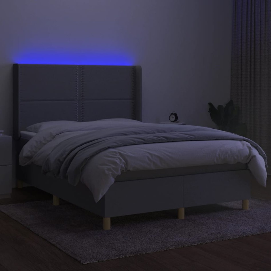 Cama box spring colchón y luces LED tela gris claro 140x190
