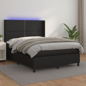 Cama box spring colchón y LED cuero sintético negro 140x200