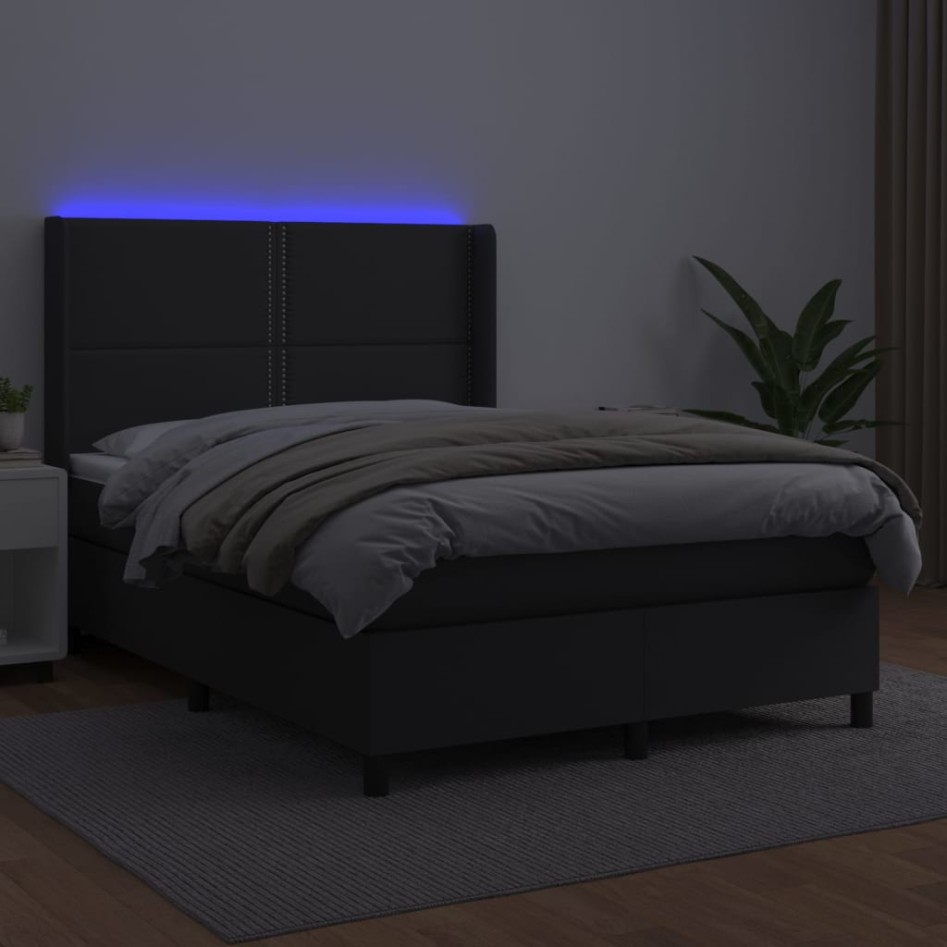 Cama box spring colchón y LED cuero sintético negro 140x200