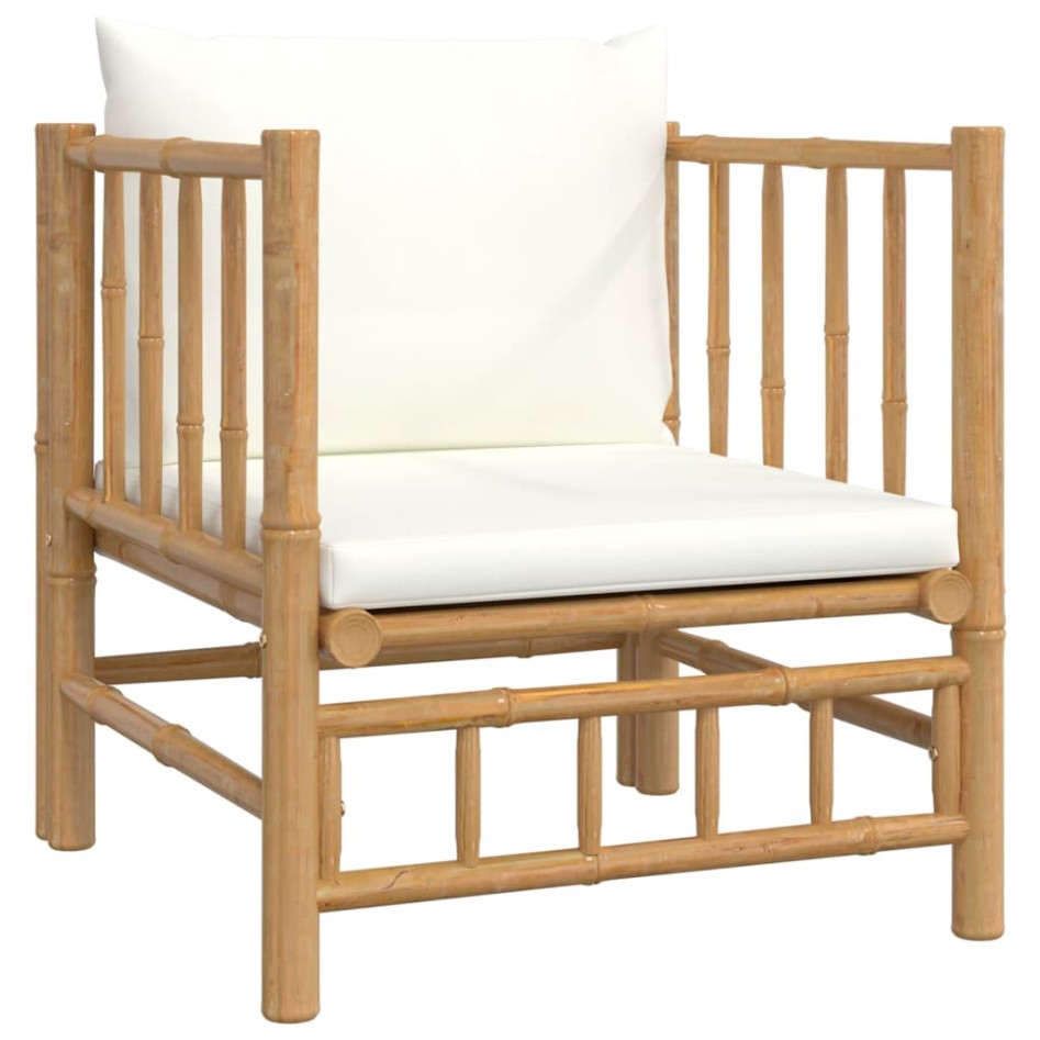 Set de muebles de jardín 5 piezas bambú y cojines blanco
