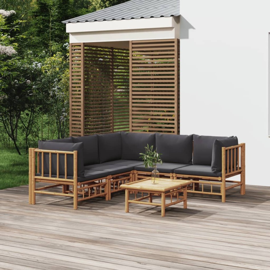 Set de muebles de jardín 6 piezas bambú con cojines gris