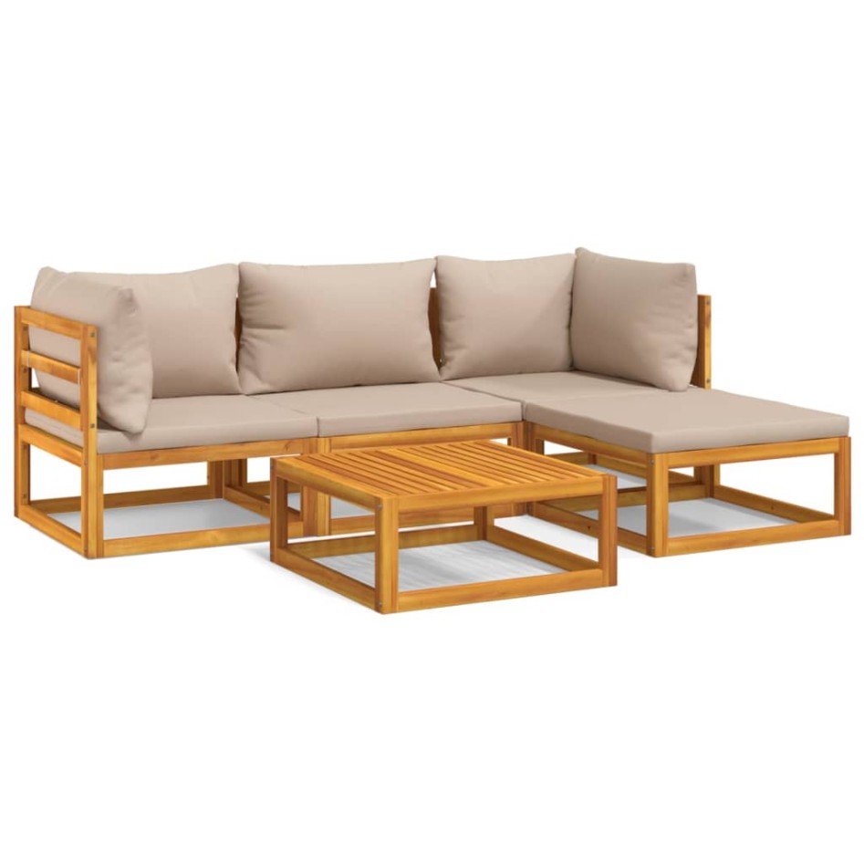 Set muebles de jardín 5 pzas madera maciza y cojines gris