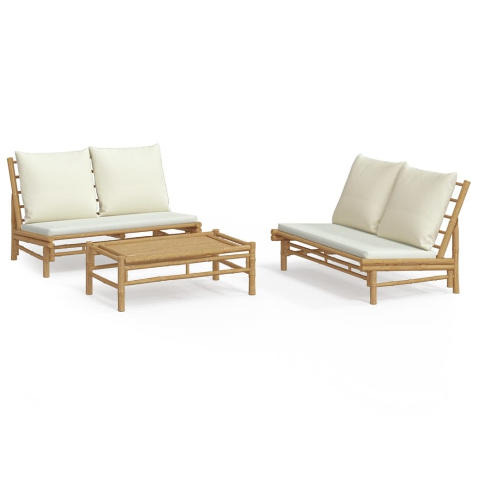 Set de muebles de jardín 3 piezas bambú y cojines blanco
