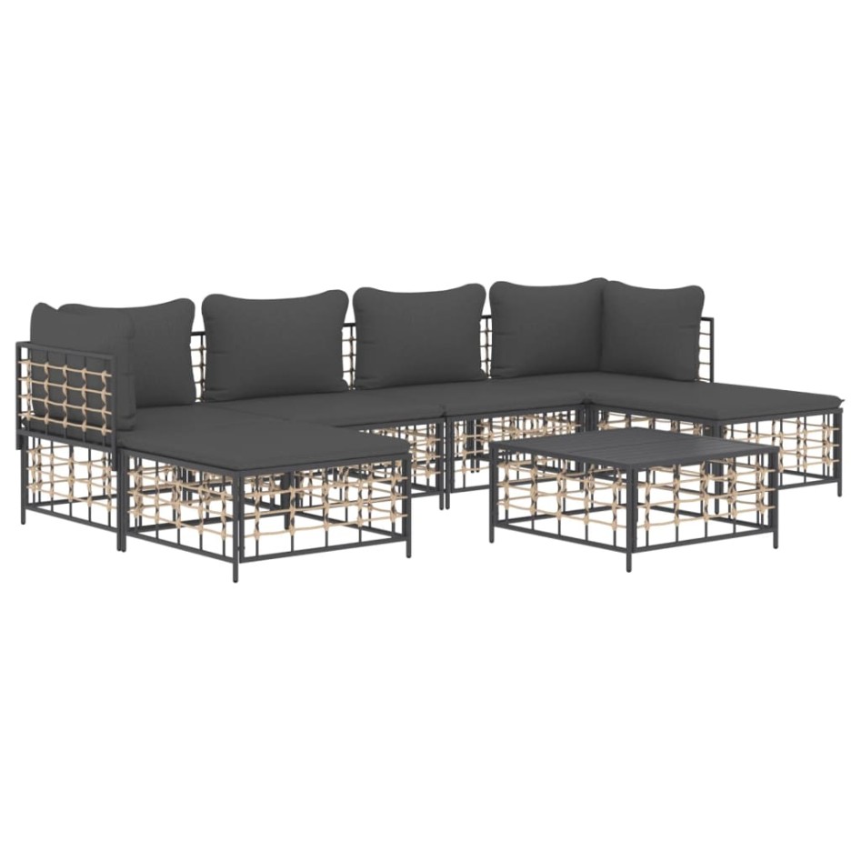 Set muebles de jardín 7 pzas y cojines ratán PE gris