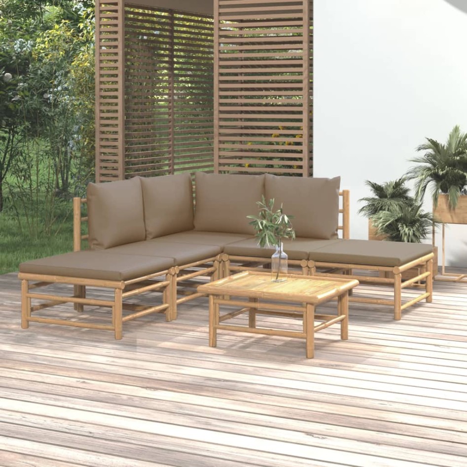 Set de muebles de jardín 6 piezas bambú con cojines gris