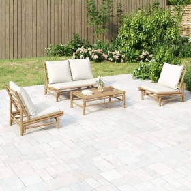 Set de muebles de jardín 4 piezas bambú y cojines blanco