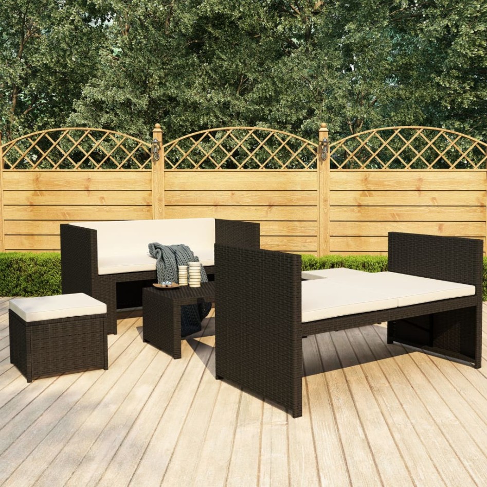 Set muebles de jardín 5 piezas y cojines ratán sintético