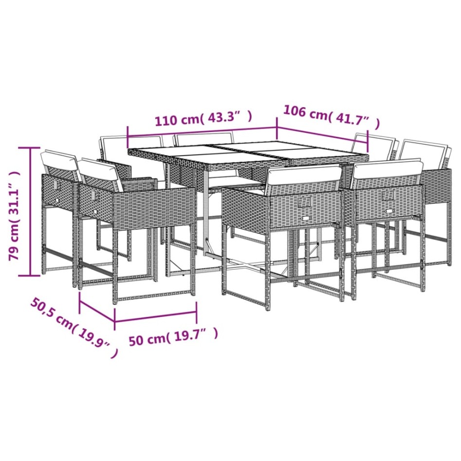 Set comedor de jardín 9 pzas con cojines ratán sintético