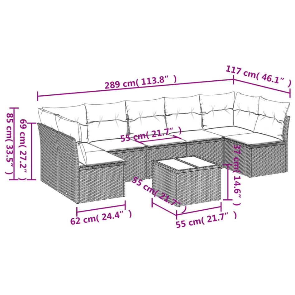 Set de sofás de jardín 8 piezas y cojines ratán sintético