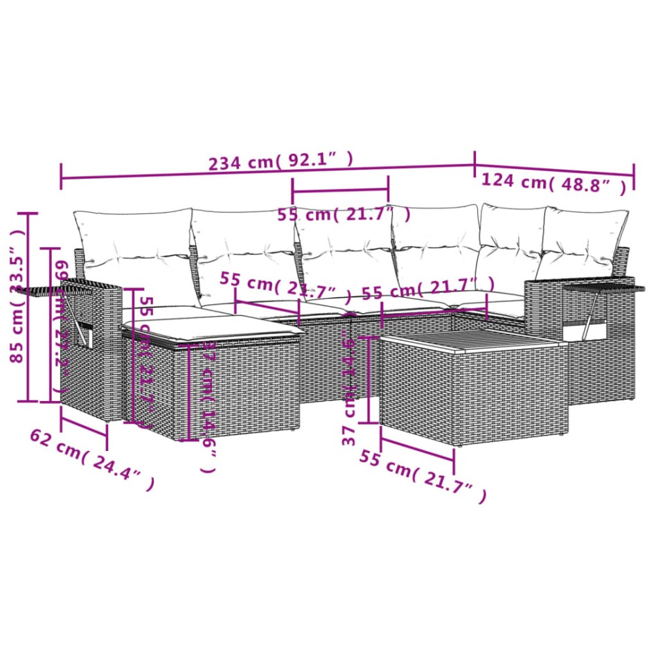 Set de sofás de jardín 7 piezas con cojines ratán PE
