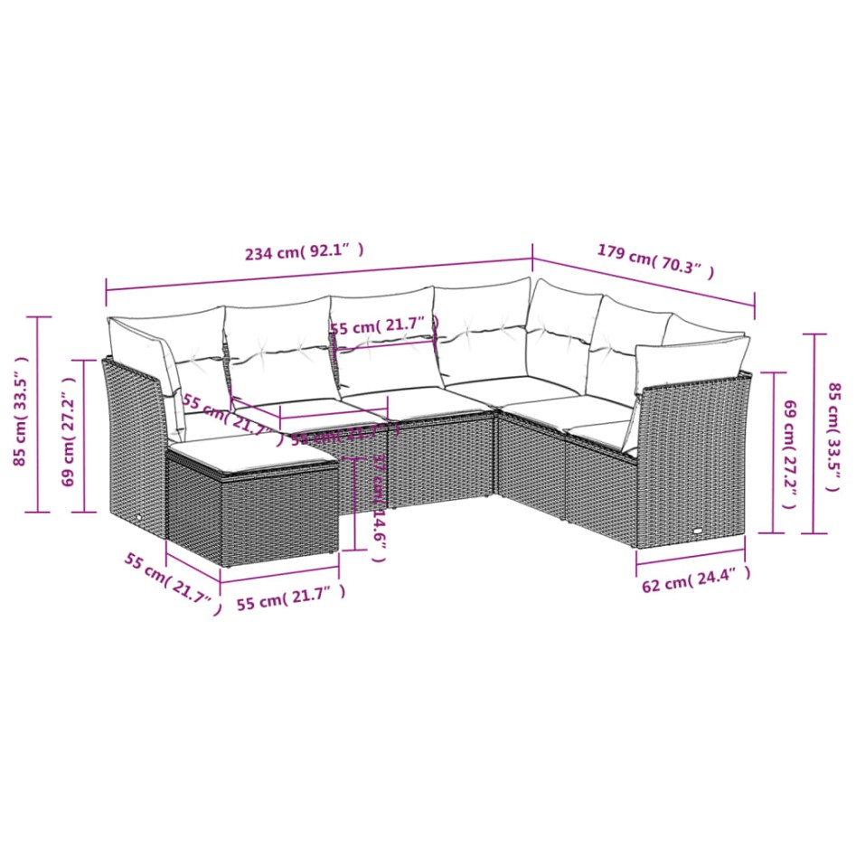 Set de sofás de jardín 7 piezas con cojines ratán PE