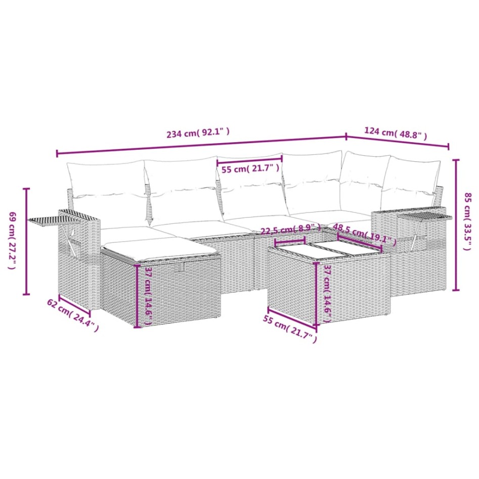 Set de comedor de jardín 7 pzas y cojines ratán sintético