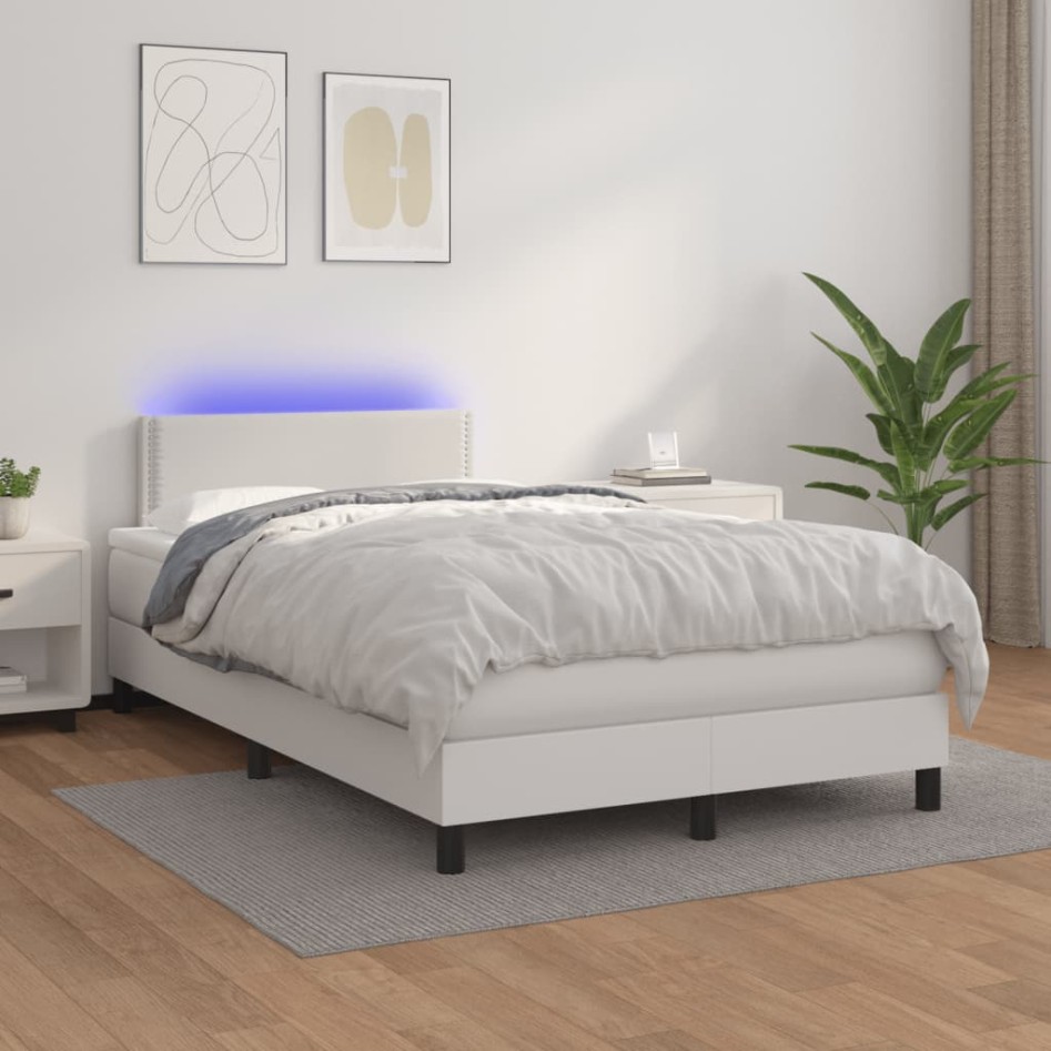 Cama box spring colchón y LED cuero sintético blanco 120x190