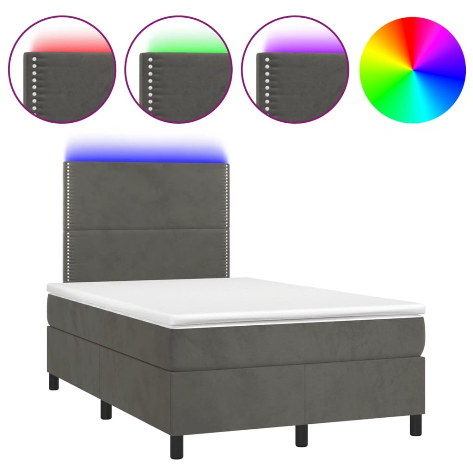 Cama box spring colchón y LED terciopelo gris oscuro 120x190